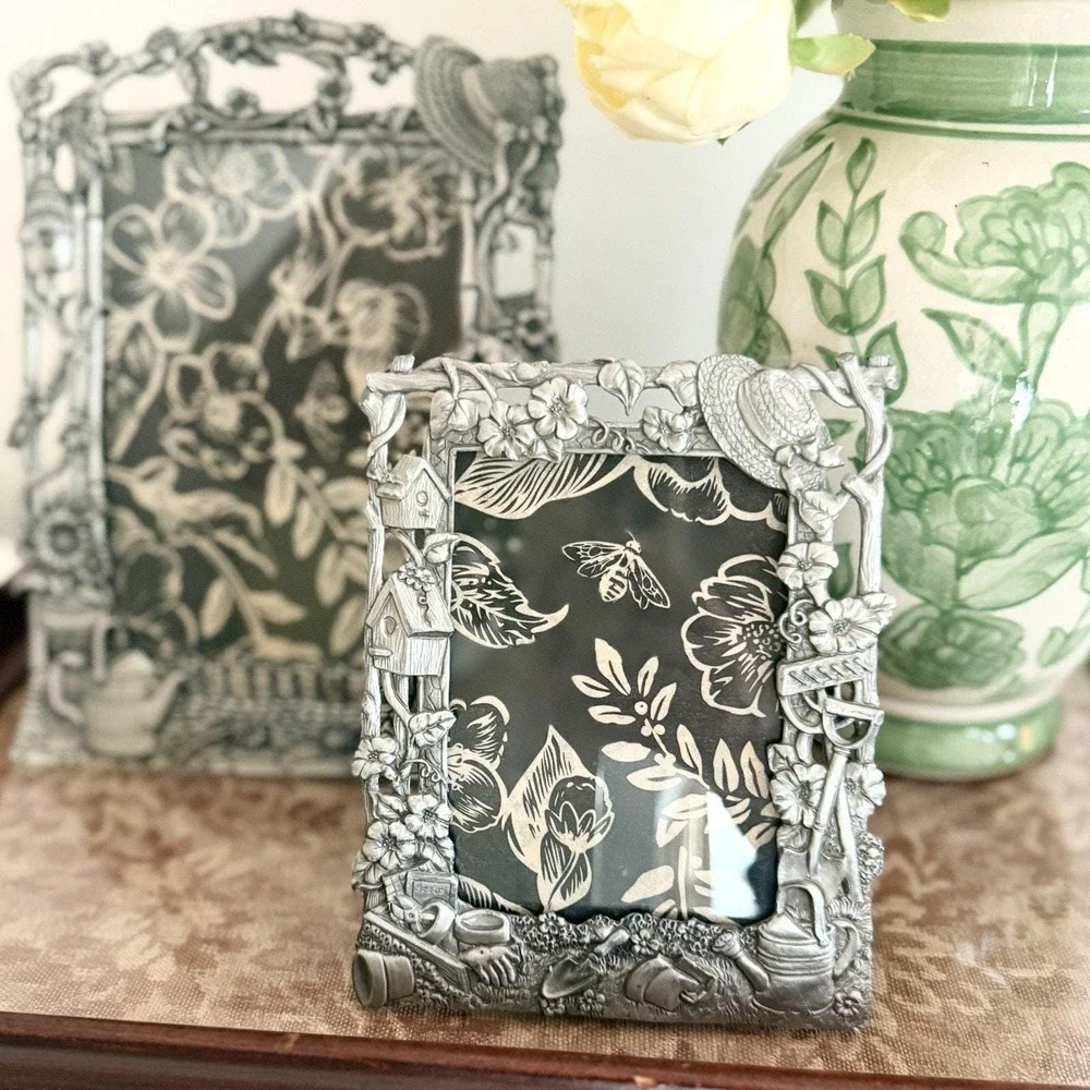 Vintage Cottage Garden Picture Frame Set Pewter Toned Raised Detail 5x7 & 3.5x5